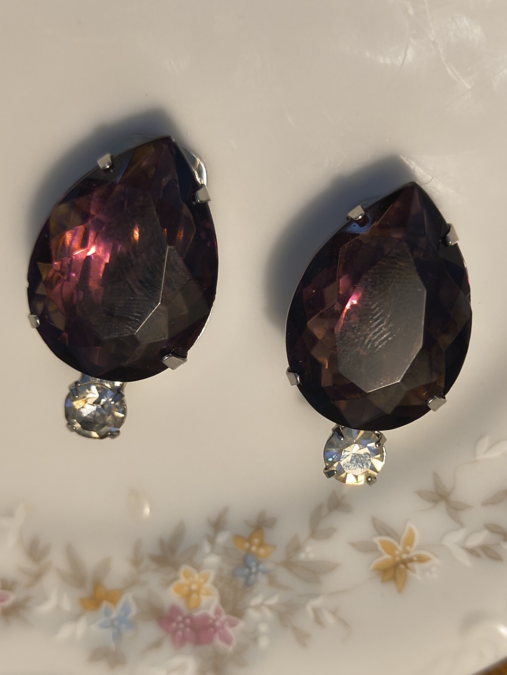 Vtg 50s Dior Orena Patented Silver Plated Faceted Purple Glass Clip On Earrings